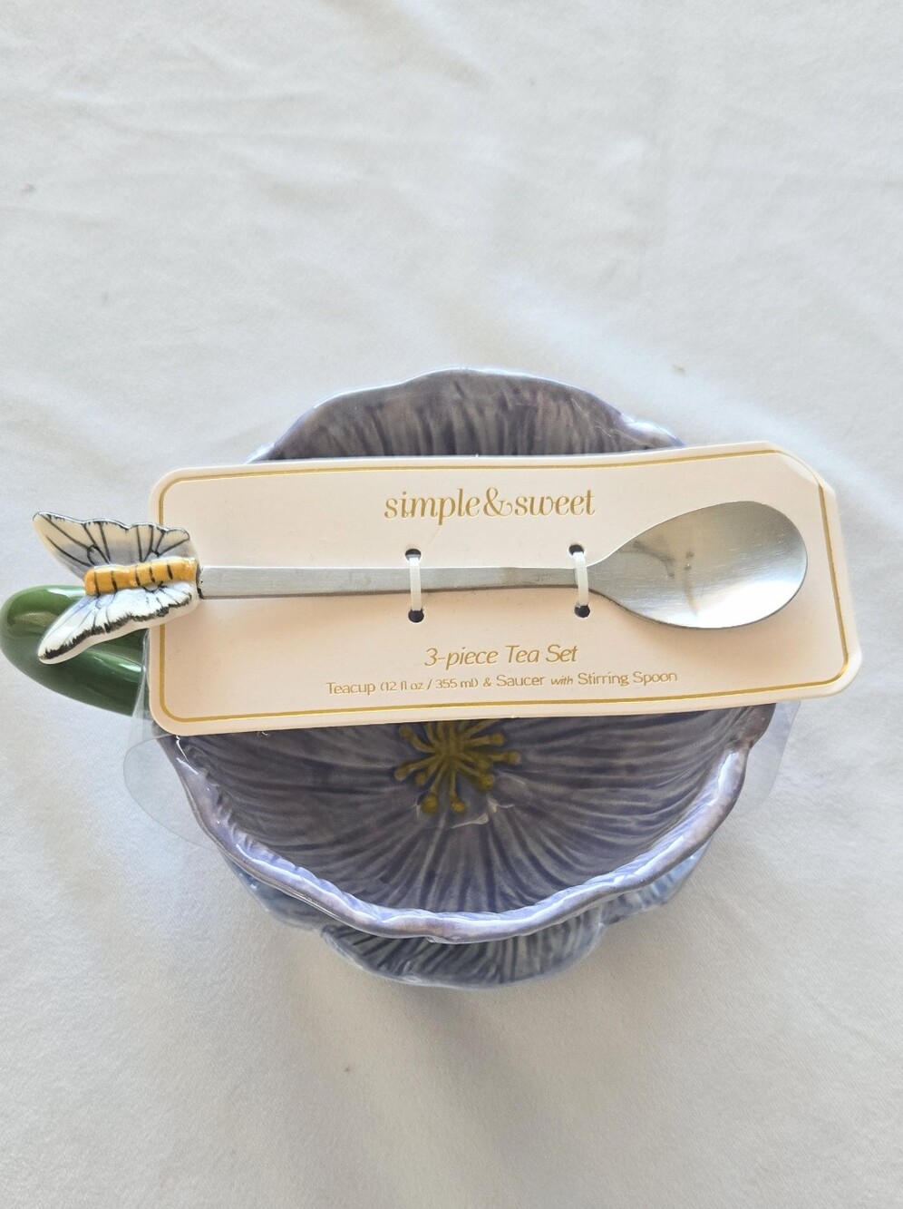 SIMPLE & SWEET 3PC Tea Set Flower Teacup Dish And Butterfly Spoon